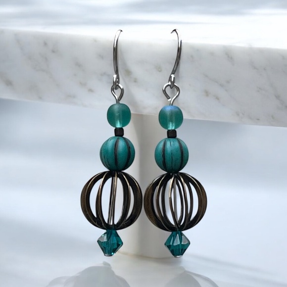 Hand crafted Teal and Brass Earrings - Picture 2 of 10